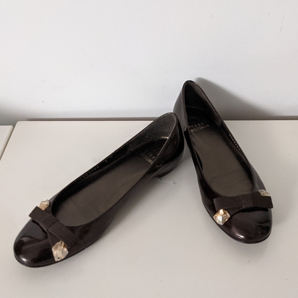 Stuart Weitzman Brown Patent Jewel Bow Flats 4M